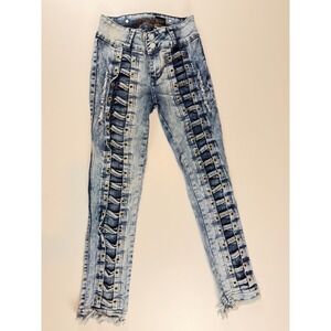 Miss Michael Acid Wash Lace Up Grommet Skinny Jeans Light Blue Distressed Size 3